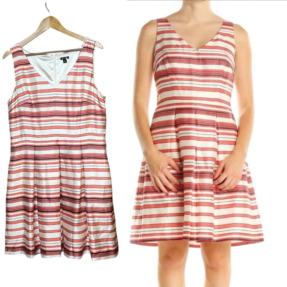 Ann Taylor Womens Size 14 Striped V-Neck Fit and Flare Pleated Dress Orange Navy